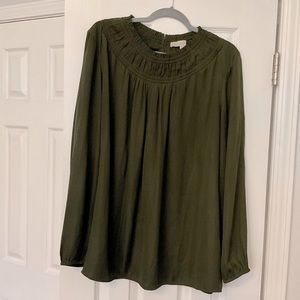Loft Olive Green Long Sleeve Smocked Neckline Blouse - Size XXL